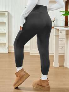 SHEIN Leggings de maternité d'hiver à taille ajustable, doublés de thermique, avec broderie de marguerite. Vêtements de maternité, leggings de maternité, leggings avec poches, leggings grande taille, pantalons de grossesse, leggings chauds - Gris foncé - Voir 7