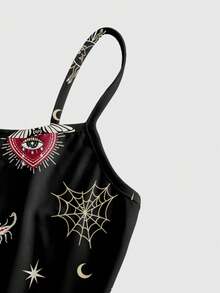 ROMWE Goth 哥特式暗宫心形、太阳、月亮、星星、眼睛宝石印花性感吊带弹力加大码女装 - 黑色 - 查看 4