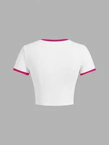 The Winx x SHEIN Women's Fashion Contrast Trim Cartoon Portrait Graphic Cropped T-Shirt, Summer - White - View 3