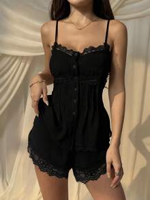 SHEIN EZwear 女士黑色蕾丝拼接吊带背心和短裤两件套 - 黑色 - 查看 3
