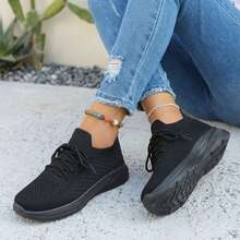 Mujer Zapatillas Deportivas De Tejido De Punto Transpirable Con Cordones Suela Gruesa Negra - Negro - Ver 5