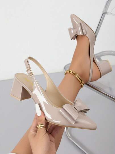 Zapatos de mujer con lazo grande, punta fina, talón descubierto, tacón grueso, estilo elegante para oficina y fiesta