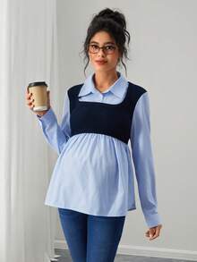 SHEIN Maternity Contrast Stripe Shirt Collar Long Sleeve Casual Blouse - Blue - View 5