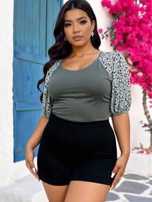 SHEIN LUNE Plus Size Boho Print Round Neck Casual Versatile T-Shirt Thanksgiving Women New Years Women Winter Women Rave - Grey - View 6