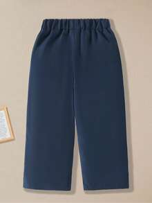 SHEIN Casuvi Kids Young BoyFashionable & Versatile Drawstring Loose Fit Straight Leg Cargo Pants, Autumn/Winter - Navy Blue - View 2