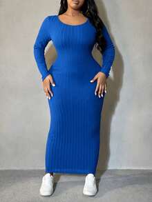 SHEIN SXY Váy bó sát tay dài dệt kim gân màu xanh navy trơn cỡ lớn dành cho nữ, thường ngày cho mùa thu/đông - Xanh đậm - Xem 5