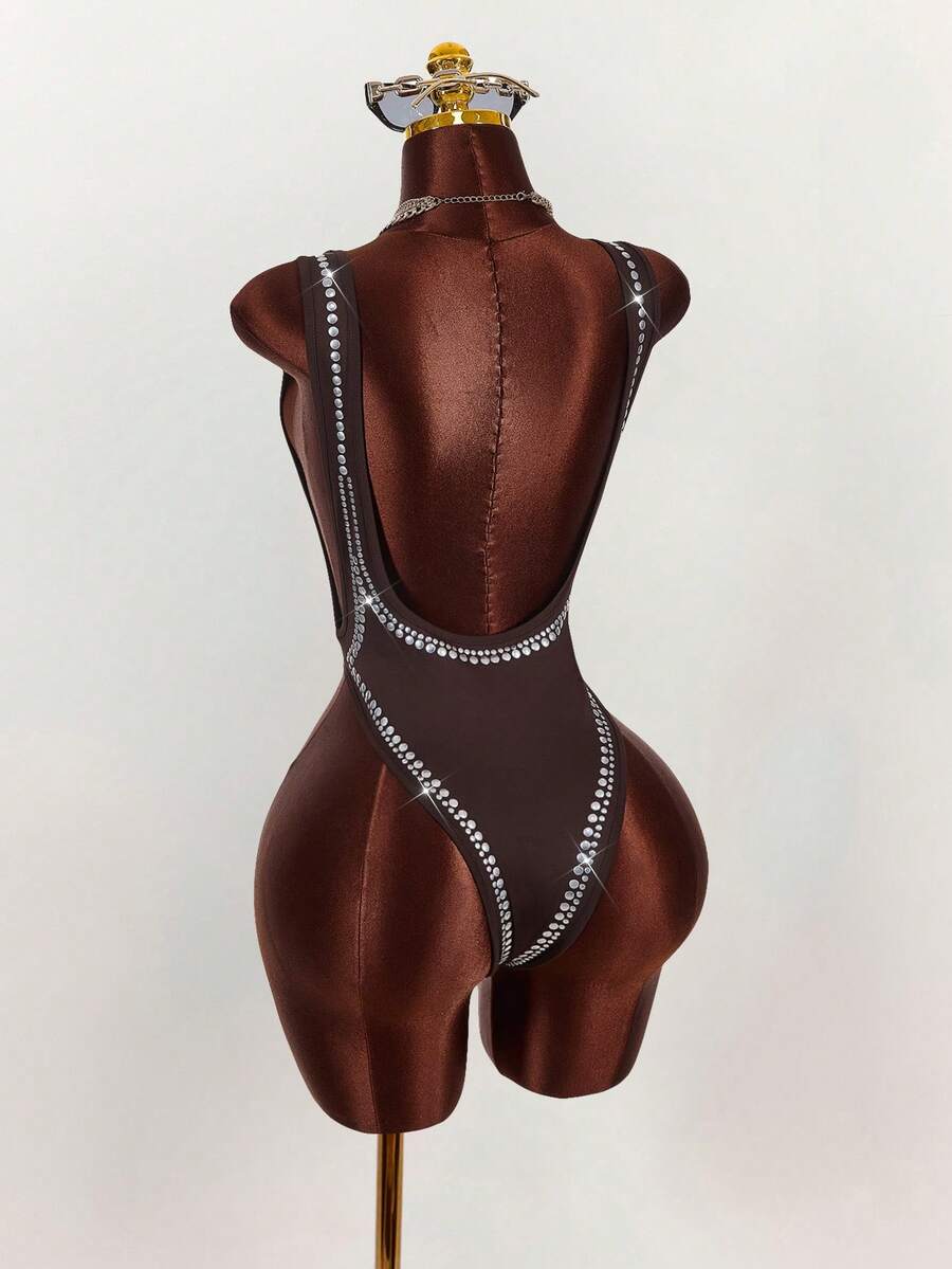 Amplova Sexy Rhinestone Embellished Backless Bodysuit - Brown - View 1