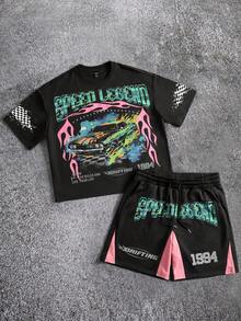 ROMWE MEN Men's Racing Car Graphic Print T-Shirt And Shorts Set, Loose Fit - Black - View 1