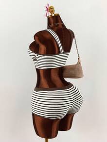 Amplova 2pcs/Set Striped Vacation Beach Crop Top And Shorts - Multicolor - View 7