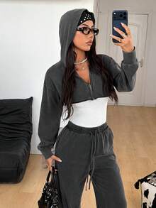 Coolane Women's Winter Streetwear Basic Daily Wear Chic Casual Athleisure Cotton Dirty Washed Loose Crop Hooded Sweatshirt And Low Rise Baggy Pants Two Pieces Outfits - Black - View 4