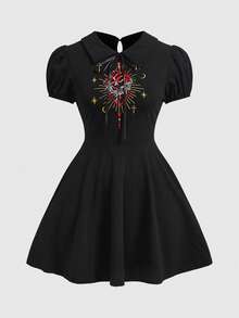 ROMWE Gothic Style Red Heart Embroidery Pattern Women Mini Dress - Black - View 1