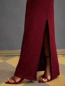 NYA SZN 配套套装（上衣和半裙）上衣长袖高领修身V领半裙高腰修身包臀酒红色节日庆典冬季春季圣诞节新年除夕光明节日常休闲商务休闲居家服针织罗纹针织女装 - 紅色 - 查看 7