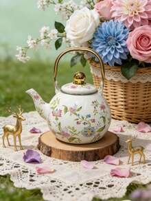 Cirelle 1升珐琅茶壶，法式花卉图案，金色把手——多功能茶壶，可用于泡茶或咖啡，是任何厨房的理想礼物 - 彩色 - 查看 6