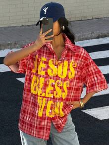 Muchica Women's Plaid & Letter Print Loose Fit Short Sleeve Shirt - Red - View 3