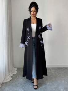 Yasmyna Áo Abaya thanh lịch dành cho nữ, cổ ve áo, tay loe, họa tiết hoa. - màu đen - Xem 6