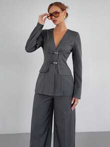 Siren Gaze New Autumn/Winter Grey High-End Fitted Waist Women's Suit Set, Elegant Trouser Suit, Office Wear, Casual Formal Wear, Classic Style Commuting Workplace Suit. Spring - Grey - View 1