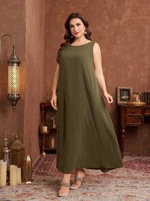 Al Najma 大码女式流苏设计长袖阿拉伯长袍和无袖连衣裙优雅套装 - 軍綠色 - 查看 4