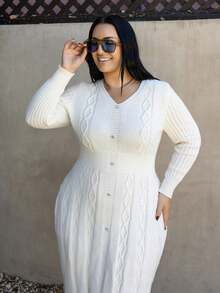 Truni Rochie elegantă de Crăciun, cu mânecă lungă, cu decolteu în V, de culoare solidă, mărime Plus, pentru iarnă, pentru forme triunghiulare de tip pară - Caisă - Vizualizare 3