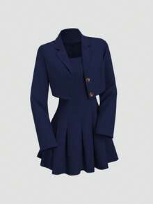 Sweetra 复古英伦风筒裙褶裥连衣裙搭配休闲西装外套，显瘦，适合初秋穿着 - 藏蓝色 - 查看 8