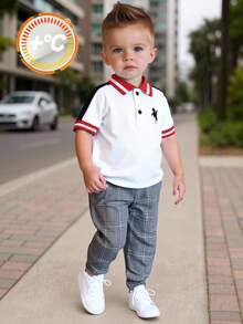 Set de 2 piezas de camisa polo de manga corta casual y pantalones a cuadros de cintura elástica para niño pequeño, adecuado para fiesta de cumpleaños, fiesta de noche, actuación, boda, baby shower, celebración del 1er cumpleaños - Multicolor - Ver 10