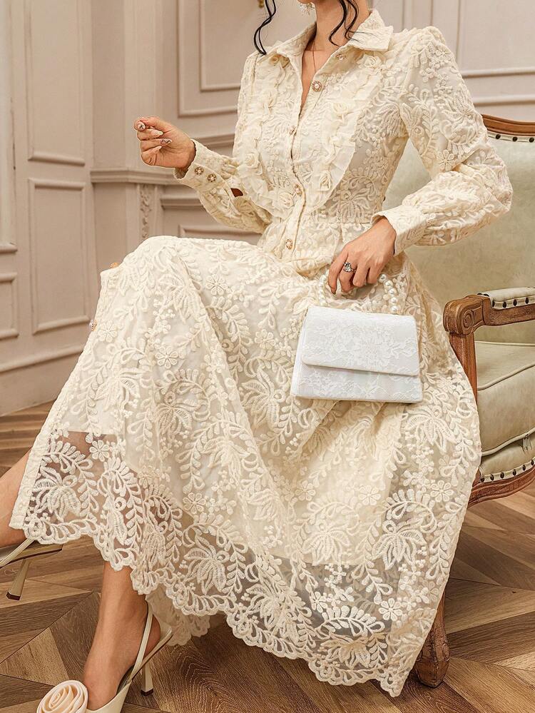 French Elegant Lace Dress With Collar And Waist Cinching, Slimming Maxi Dress