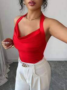 Elenzga Áo kiểu nữ thanh lịch, xếp ly, cổ rủ, thích hợp mặc hàng ngày, dự tiệc, mùa xuân/hè, ngày Valentine, đám cưới, màu đỏ thời trang. - Đỏ - Xem 4