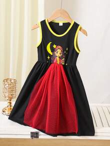Young Girls Sleeveless Dress Cartoon Print Crescent Moon Star Decor Black Summer Princess Traditional 7th Birthday Wedding Arabic Modest Aline Dress - Red and Black - View 4