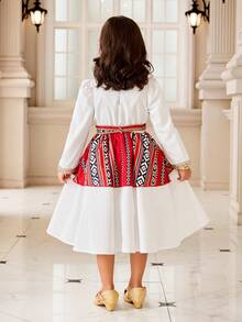 Young Girls White Splice Red Vintage Floral Mesh Midi Dress,Autumn Puff Sleeve Princess Dress - Multicolor - View 5