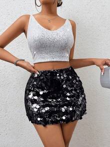 SHEIN PETITE 女士时尚派对亮片迷你裙 - 黑色 - 查看 3
