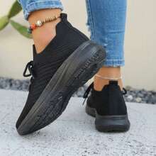 Mujer Zapatillas Deportivas De Tejido De Punto Transpirable Con Cordones Suela Gruesa Negra - Negro - Ver 2