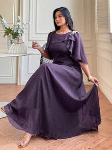 Dazy Plus Elegant Purple Long Chiffon & Contrast Lace Cinched Waist Dress, Shawl Collar, Spring/Summer - Violet Purple - View 1