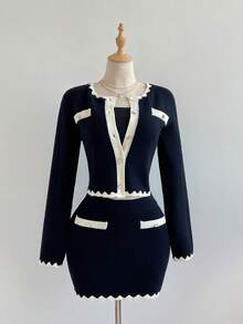 Elamini Ensemble cardigan tricoté et jupe vintage blocs de couleurs élégant et décontracté pour femmes, convient pour le travail et le port quotidien, automne/hiver - Multicolore - Voir 4