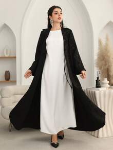 Al Najma 女士纯色提花休闲宽松度假阿拉伯长袍 - 黑色 - 查看 3