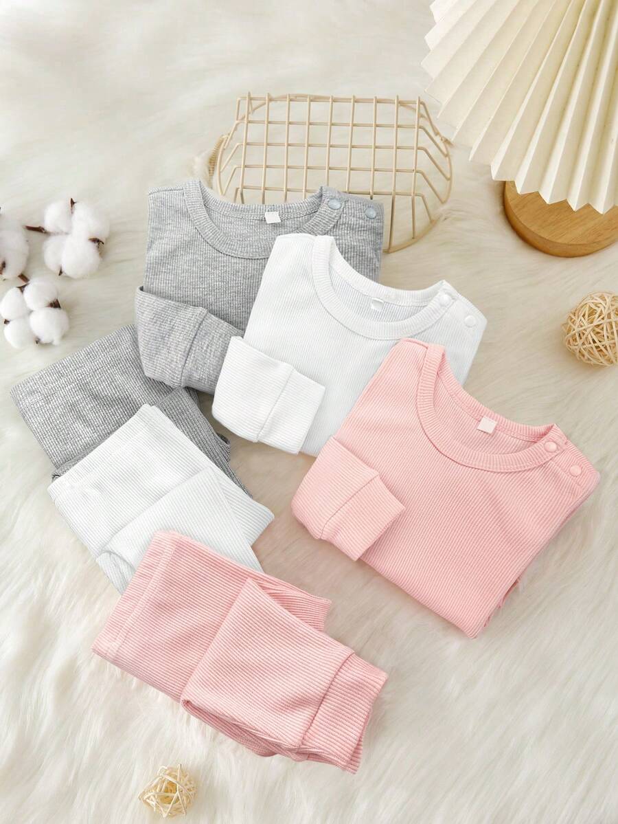 SHEIN Bộ đồ ngủ quần dài tay cổ tròn thoải mái tối giản cho bé gái sơ sinh Dozemod Kids, 2 món - Nhiều màu - Xem 1
