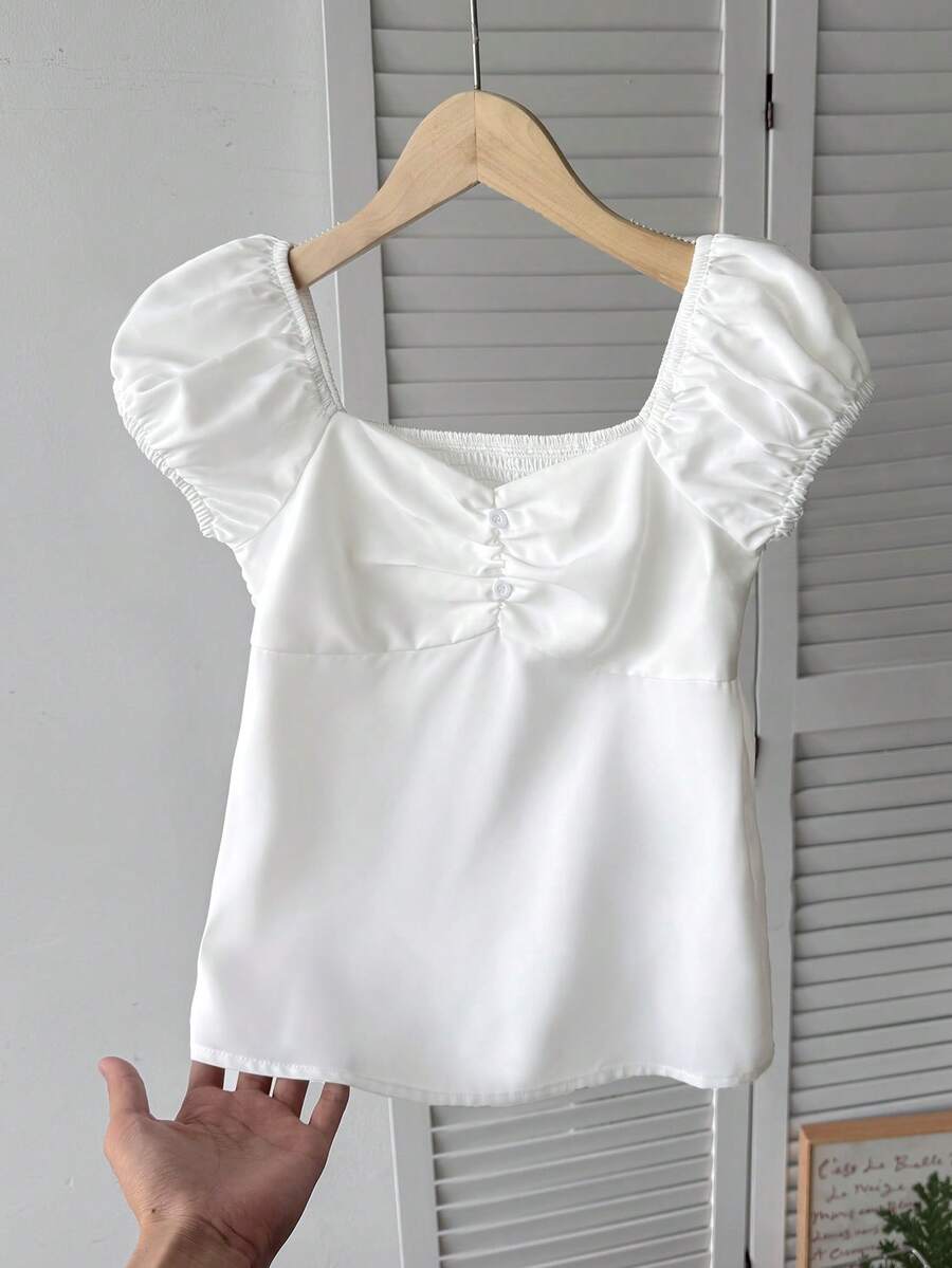 Tween Girl Casual Solid Color Short Sleeve Blouse - White - View 1