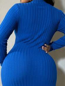 SHEIN SXY Váy bó sát tay dài dệt kim gân màu xanh navy trơn cỡ lớn dành cho nữ, thường ngày cho mùa thu/đông - Xanh đậm - Xem 7