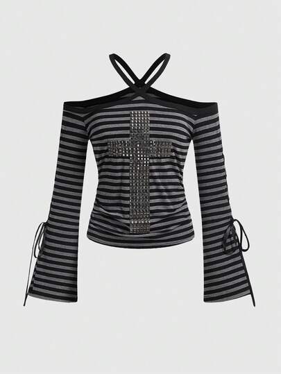 Grunge Punk Y2K Sexy Halter Tie-Up Striped Flare Sleeve Women Top