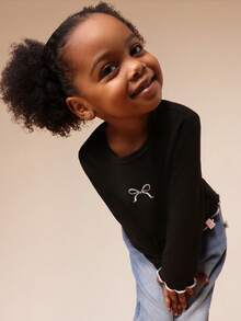 SUMWON Camiseta de manga larga con cuello redondo, bordado de lazo y dobladillo con volantes para niñas, para uso casual diario y vacaciones - Negro - Ver 4