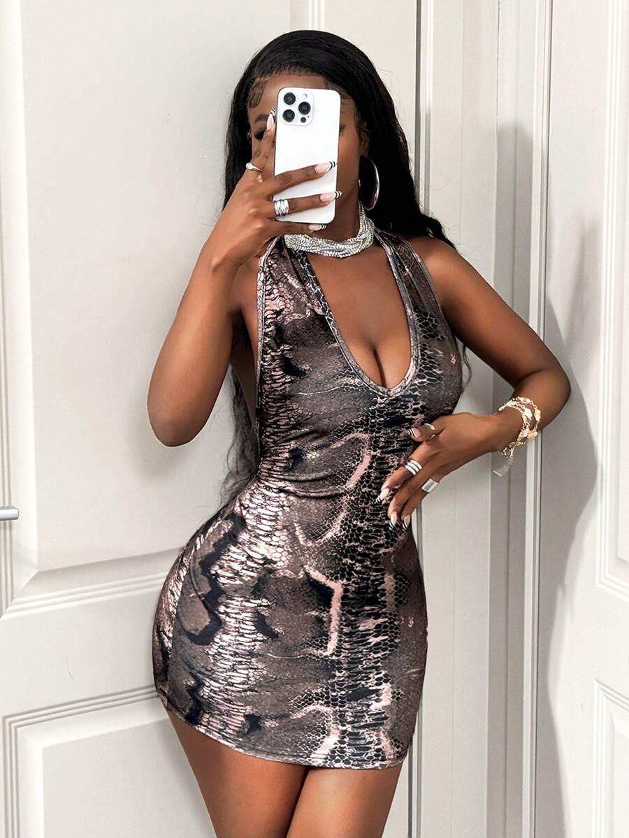 BamGleam Vestido corto con escote en V profundo y estampado animal sexy en color marrón - Multicolor - Ver 1