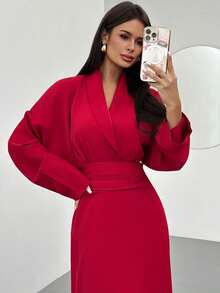 Firerie Women's New Satin Solid Color Ruffle Collar Cinched Waist Fishtail Hem Maxi Dress, V-Neck Business Dress, Puff Sleeve Dress, Blazer Style Dress, Fishtail Hem Dress, Spring Summer Autumn Winter Clothing, Elegant, Commute, Date, Party, Wedding Season, Graduation, Prom, Performance, Concert, Work Attire, Back To School, Annual Party, Women's Birthday, Holiday Outfit - Burgundy - View 4