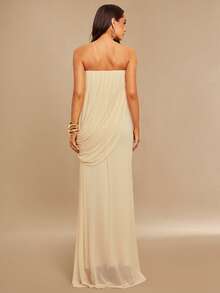 Silquee 女士纯色褶皱优雅派对连衣裙，适合圣诞节、约会、外出、夜店派对、聚会、优雅派对、日常约会、伴娘礼服、婚礼季、鸡尾酒会等场合。 - 杏色 - 查看 2