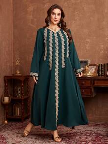Al Najma Vestido largo y holgado con estampado floral de patchwork, elegante y casual, adecuado para primavera y otoño, tallas grandes para mujeres - Verde - Ver 3