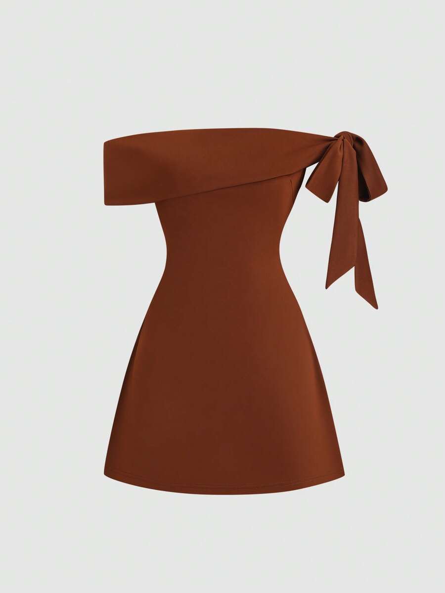 Sweetra Women's New Off-Shoulder Asymmetrical Bow Sleeve Fitted Waist Mini A-Line Dress, Suitable For Commuting, Travel, And Daily Work, Spring/Summer - Coffee Brown - View 1