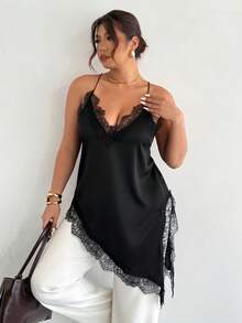 Firerie 大码女式撞色蕾丝不对称下摆性感吊带背心 - 黑色 - 查看 6