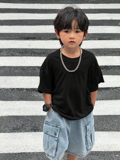 SHEIN Little Byeori 一件装 男童休闲运动学院风可爱度假宽松日韩风圆领T恤，背面印有字母，适合返校、生日派对、晚宴、演出、婚礼、洗礼、开幕式等场合，日常穿着舒适，适合上学、旅行、运动，适合春夏季节。