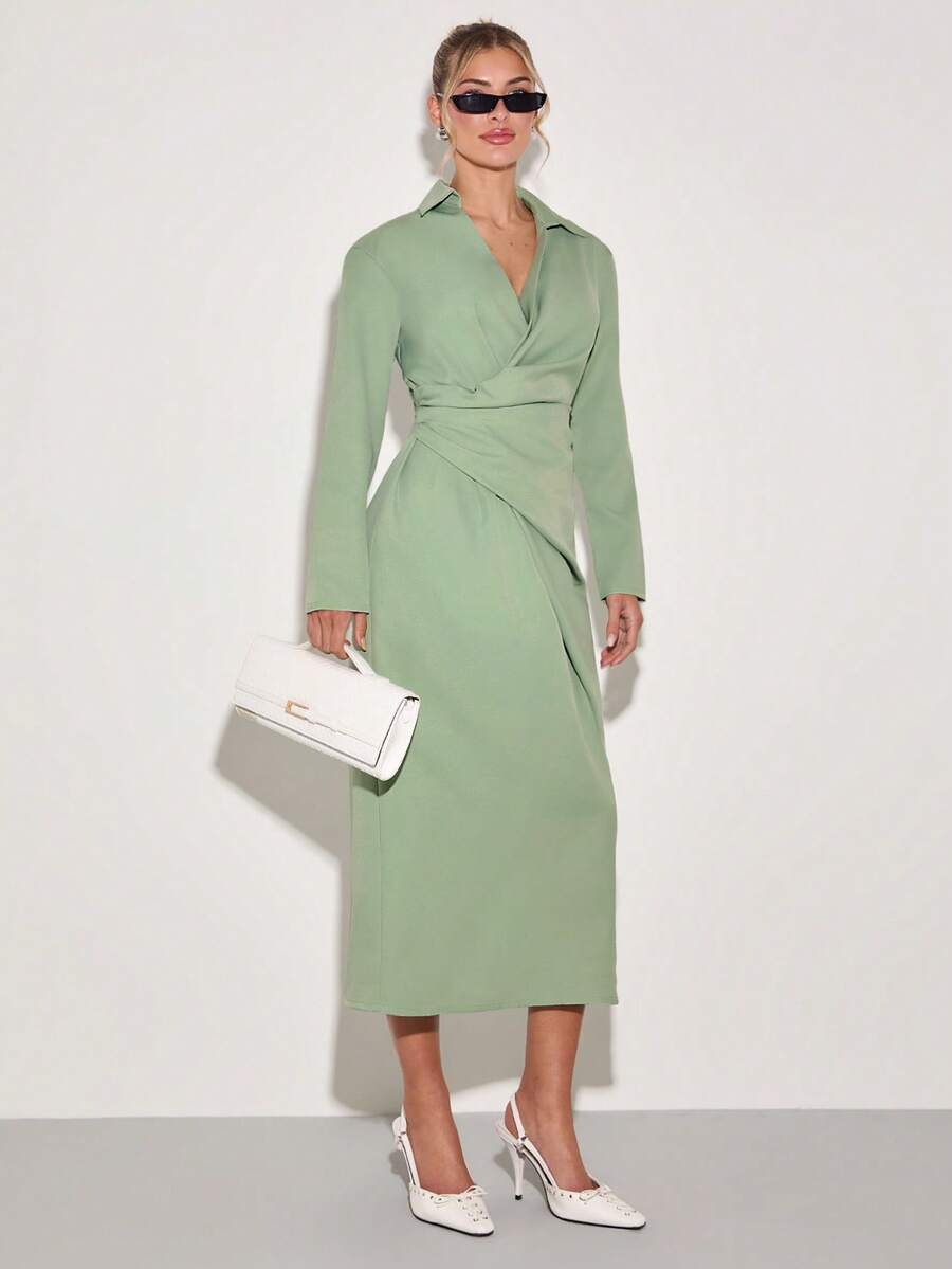 COSMINA Women's Long Sleeve Ruched Waist V-Neck Dress,Sage Green,Autumn,Elegant,Office Wear,Commuting,Formal Occasions,Business Casual Light Green Dress - Green - View 1