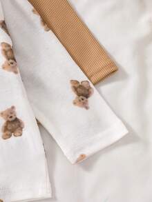 SHEIN 2pcs Baby Boy Casual Multifunctional Comfortable Cute Round Neck Long Sleeve Top + Pants Set, Khaki Bear Print Pattern Bow Baby Outfit, Infant, Baby Boy All Season Set Baby Set Autumn Winter Season Baby Summer Sets Mocha Baby Clothes Neutral Baby Clothes Unisex Teddy Bear Baby Clothes Baby Long Sleeve Outfit - Multicolor - View 4