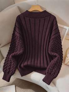 GlowEve CURVE 女士优雅纯色麻花针织宽松长袖加大码毛衣，适合外穿，秋冬季紫色毛衣，女士V领毛衣 - 酒紅色 - 查看 2