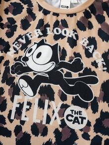 SHEIN Felix The Cat Camiseta de manga corta con estampado de leopardo y eslogan de dibujos animados, de estilo casual y chic para uso diario y paseos, para niñas, verano - Café integral - Ver 4