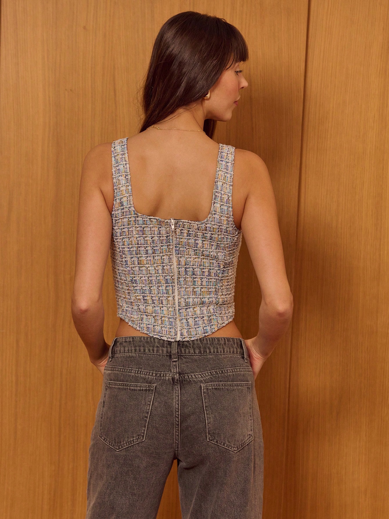 Top corset con textura de tweed, vintage y lindo para fiestas y Navidad